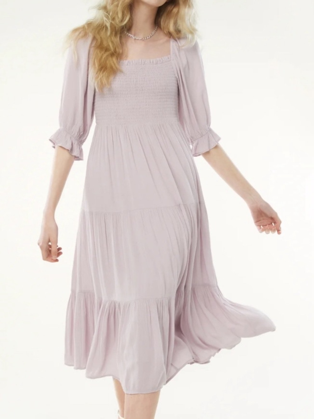 OAK + FORT Smocked Midi Dress Size XS Purple Pastel Tiered Ruffles Wedding Guest